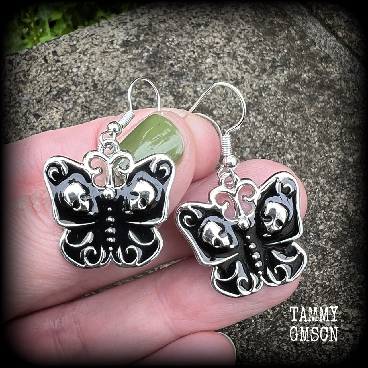 Skull butterfly earrings-Gothic earrings