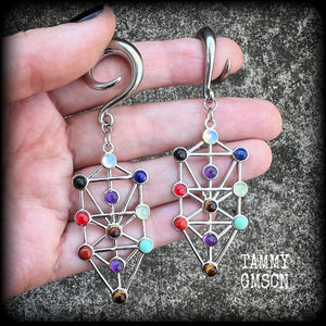 Gemstone Tree of life gauged earrings-Kabbalah-Qabalah jewelry