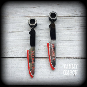 Kitchen knife tunnel earrings Halloween tunnel earrings Real life crime Crime scene clean up True crime 4mm 6mm 8mm 10mm 12mm 14mm 16mm 19mm 22mm 25mm 28mm 30mm Body jewelry Horror movie Slasher movie Gauged earrings Stretched lobes Stretched ears 