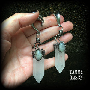 Clear quartz and labradorite gauged earrings