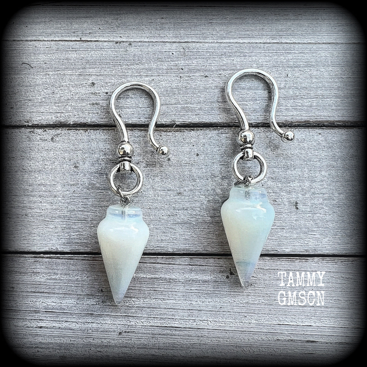 Moonstone earrings Opalite earrings 2 gauge ear weights Gemstone ear weights Ear hangers Tunnel dangles Body jewelry Ear gauges Pierced ears Stretched ears Stretched lobes Gauged ears Gauged earrings 8g 0g Whimsigoth White goth Cottagecore 
