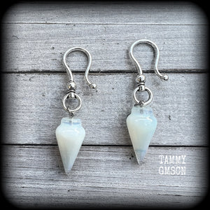 Moonstone earrings Opalite earrings 2 gauge ear weights Gemstone ear weights Ear hangers Tunnel dangles Body jewelry Ear gauges Pierced ears Stretched ears Stretched lobes Gauged ears Gauged earrings 8g 0g Whimsigoth White goth Cottagecore 
