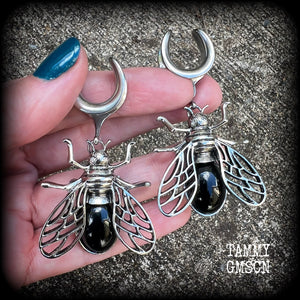 Black obsidian and antique silver insect gauged earrings