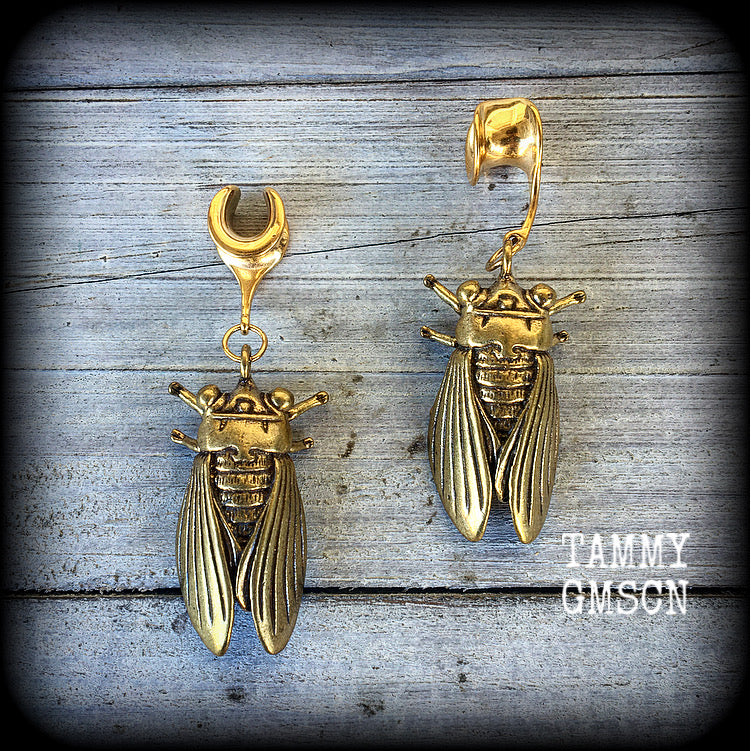 Brass cicada ear hangers Insect ear weights 0 gauge ear weights Brass ear weights Gauged earrings 6mm 8mm 10mm 12mm 14mm 16mm 19mm 22mm 25mm 28mm 30mm Stretched ears Stretched lobes Insect earrings Bugs earrings Cottagecore earrings Fairycore earring