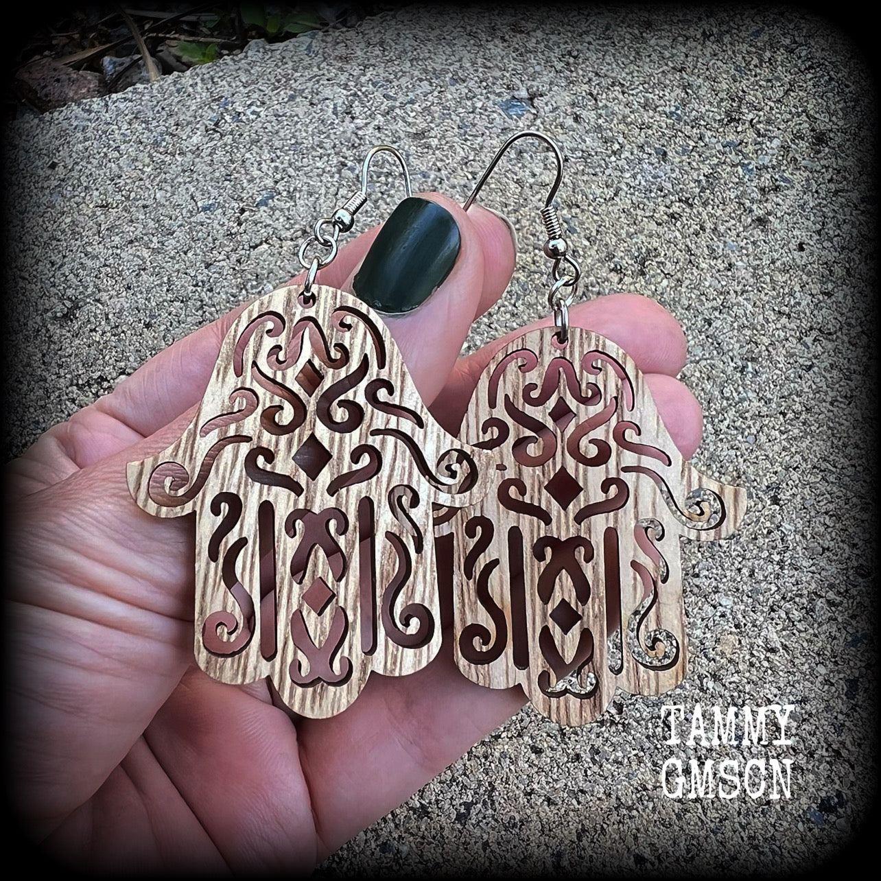 Hamsa hand earrings-Wood earrings