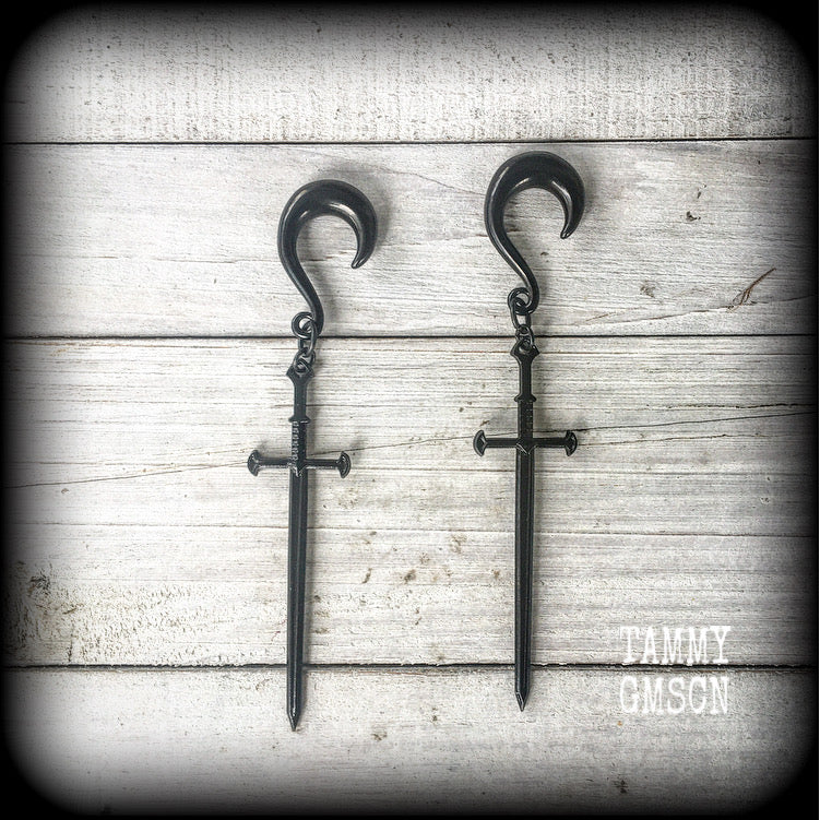 Ace of swords gauged earrings-Black sword ear hangers