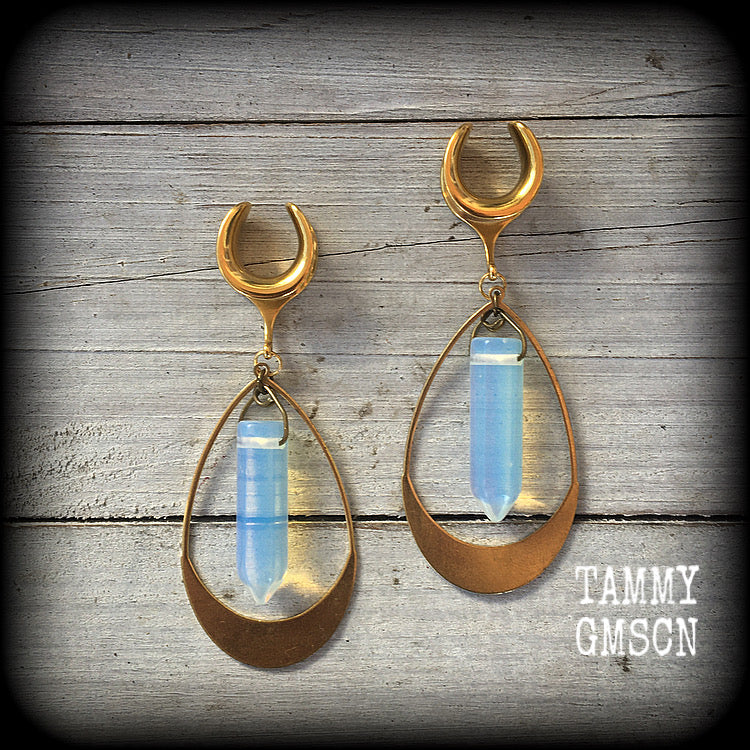 Opalite and brass gauged earrings-Cradle weights