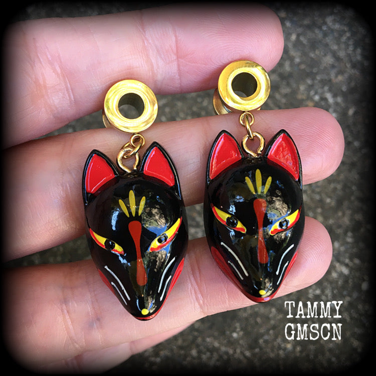 Black kitsune tunnel earrings-Japanese earrings