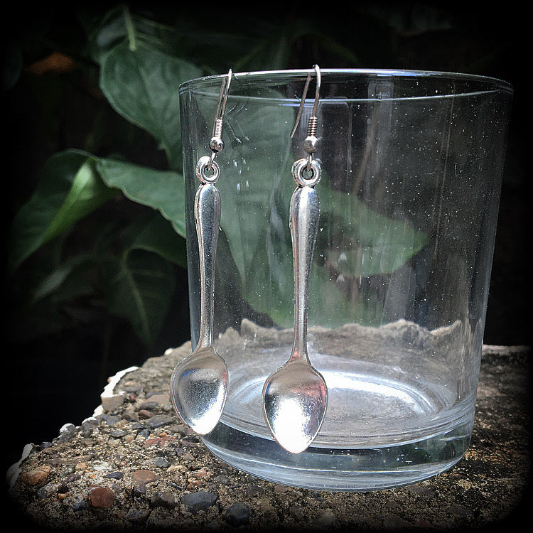 Featuring adorable little antique silver teaspoons, these earrings are super cute and super light weight, measuring just over 7cms from tip to tip and weighing a few grams each.

This pair has been made with stainless steel french hooks suitable for pierced ears.