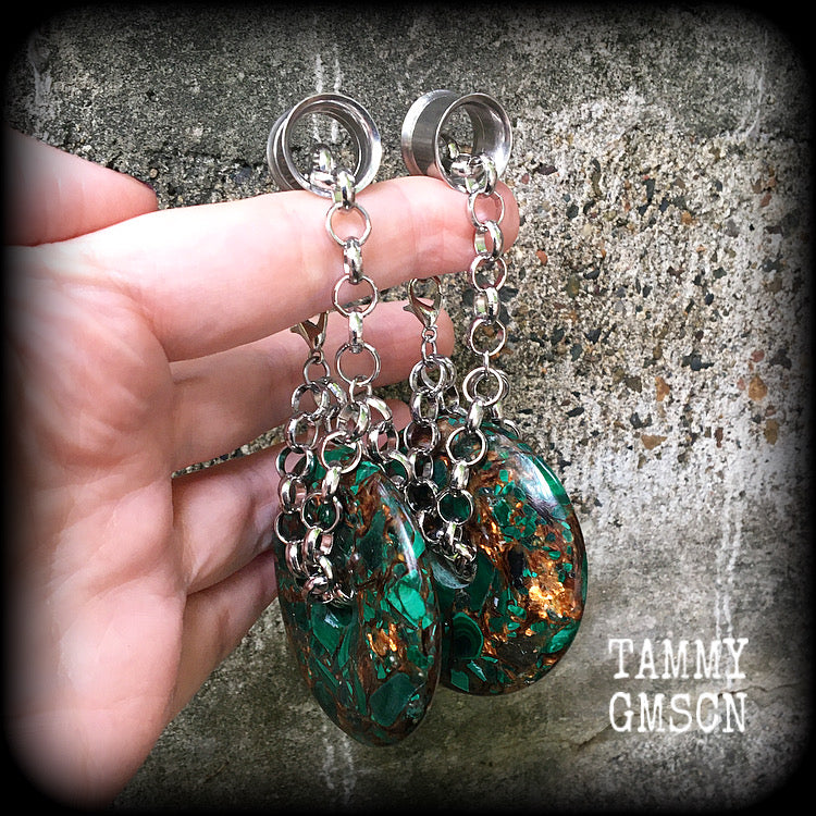 Malachite and bronzite earrings-Ear hangers