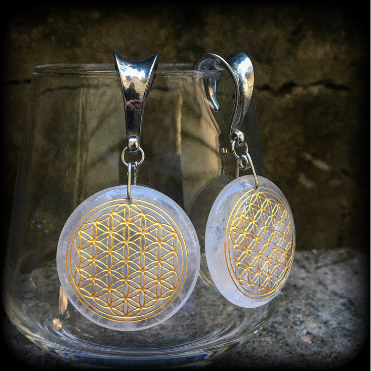 Clear quartz gemstone flower of life gauged earrings