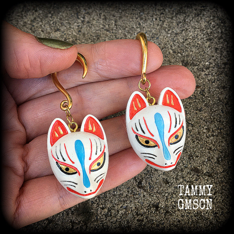 White kitsune gauged earrings-Wood earrings