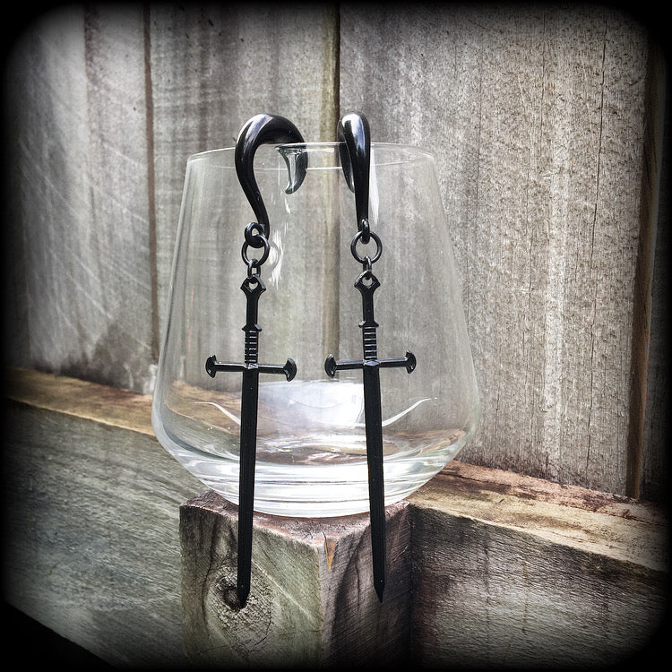 Ace of swords gauged earrings-Black sword ear hangers