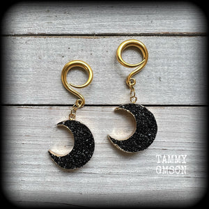 Black druzy crescent moon gauged earrings-Gemstone ear hangers