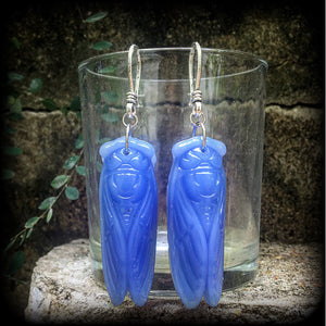 Blue jade cicada earrings-Gemstone insect ear hangers