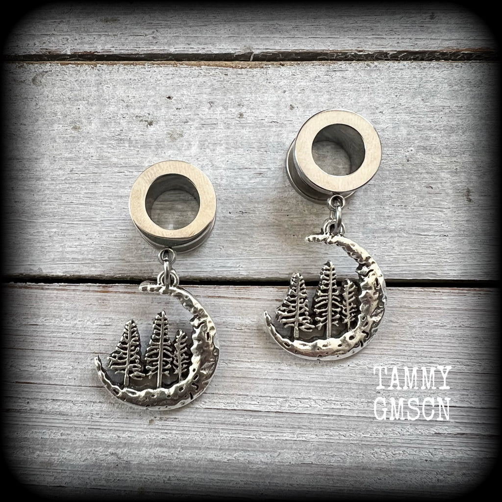 Crescent moon and fir tree tunnels-Forest moon earrings