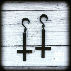 Black inverted cross gauged earrings