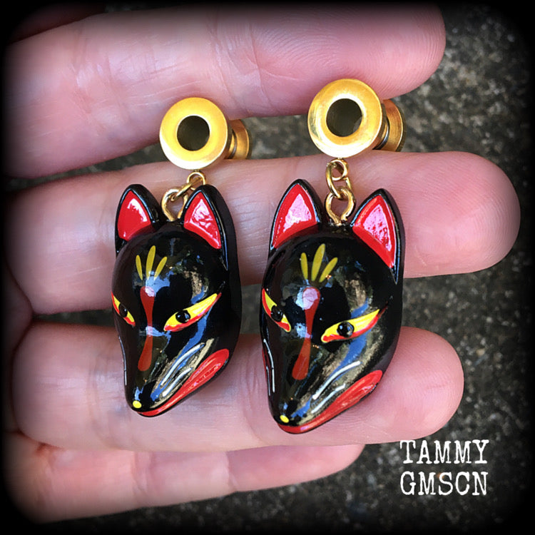 Black kitsune tunnel earrings-Japanese earrings