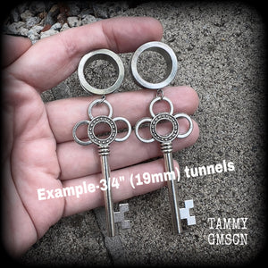 Large Antique silver key tunnel earrings