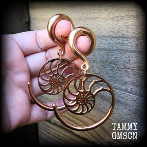 This is a pair of gorgeous pink titanium nautilus spiral earrings, available on a range of hooks and clasps for pierced ears and stretched lobes.