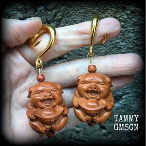 Carved wood pig earrings-Gauged earrings