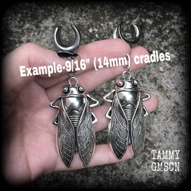 Silver cicada gauged earrings-Insect ear hangers