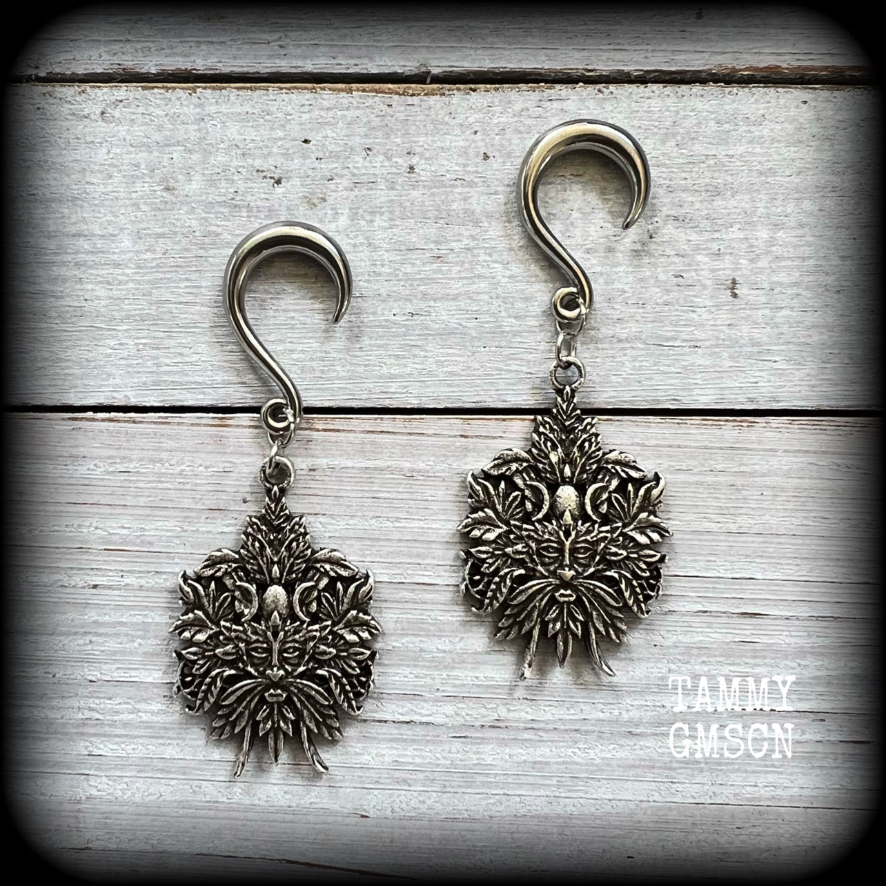 Greenman earrings Green man earrings Greenman jewelry Horned god Cernunnos jewelry Male god Stag god Folk horror Folk lore Mythology Mythological beasts Mythical Silver ear weights Ear hangers 4mm 6mm 8mm 10mm 12mm 14mm 16mm 19mm 22mm 25mm 28mm 30mm 