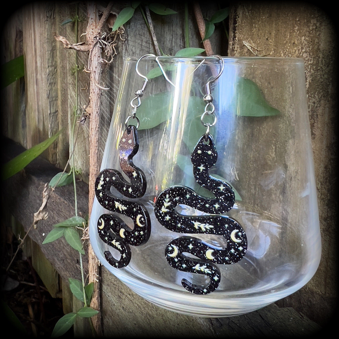 Black snake earrings Celestial snake earrings Whimsigoth earrings Serpent earrings Asp earrings Snake jewelry Sun and moon earrings Reptile earrings Pierced ears Tunnels Plugs Ear gauges Stretched ears Gauged earrings
