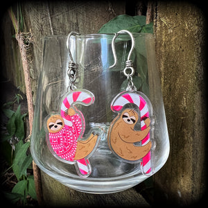 Sloth and Candy cane Christmas earrings