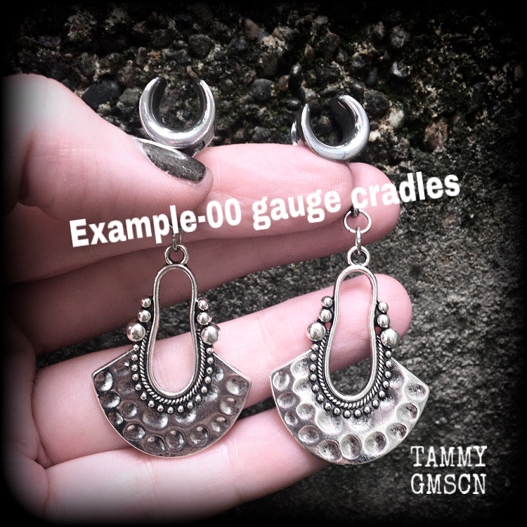 Tribal ear weights Artemis 2 gauge ear weights Antique silver half disc ear hangers Mandala Body jewelry 6g 2g 0g 00g 1/2” 9/16” 5/8” 1” 1.10" 1.18" Body jewelry Boho earrings Gypsy earrings Moss goth Gauged earings Stretched ears Stretched lobes