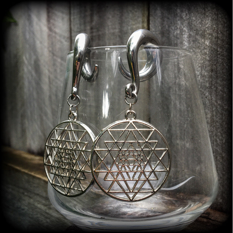 Sri Yantra gauged earrrings-Geometric ear weights