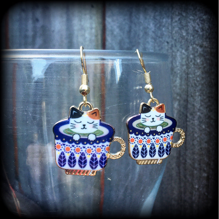 Cat earrings-Folk art teapot earrings