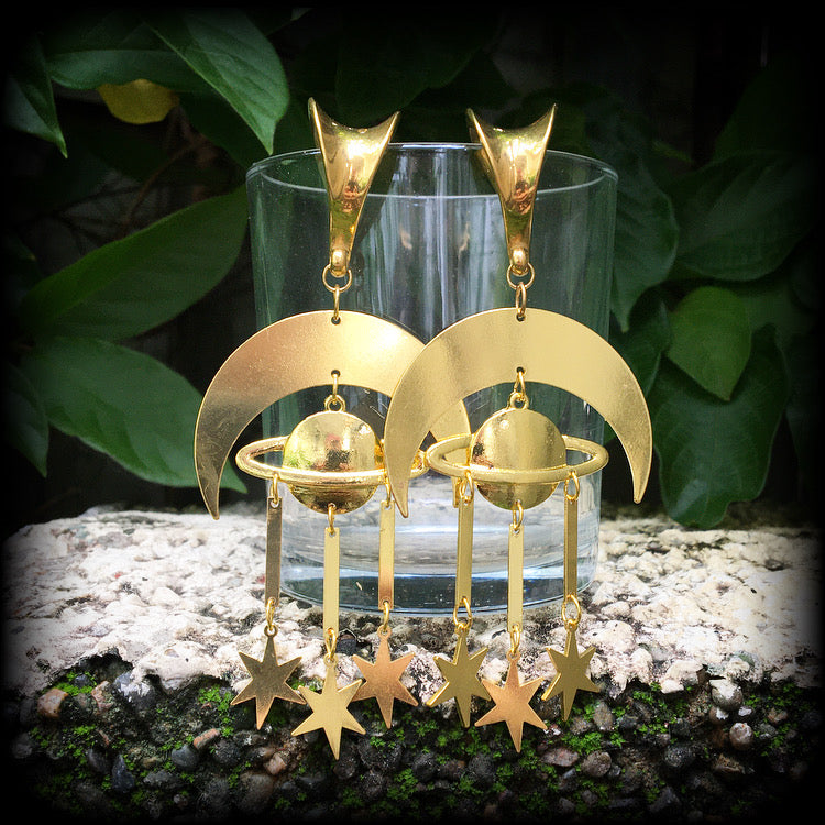 Crescent moon and celestial bodies gauged earrings