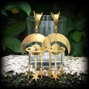 Crescent moon and celestial bodies gauged earrings