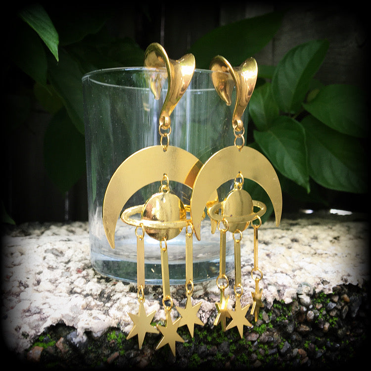 Crescent moon and celestial bodies gauged earrings