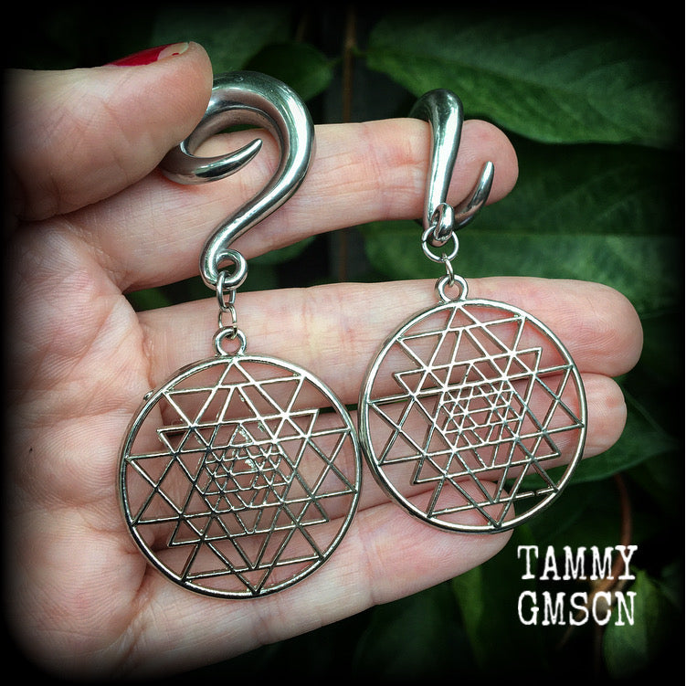 Sri Yantra gauged earrrings-Geometric ear weights