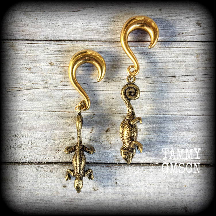 These earrings are brass chameleon lizards hanging by their tail, pictured here with our half curl hooks. Choose from 4 different style hooks for lobes stretched up to 30mm.