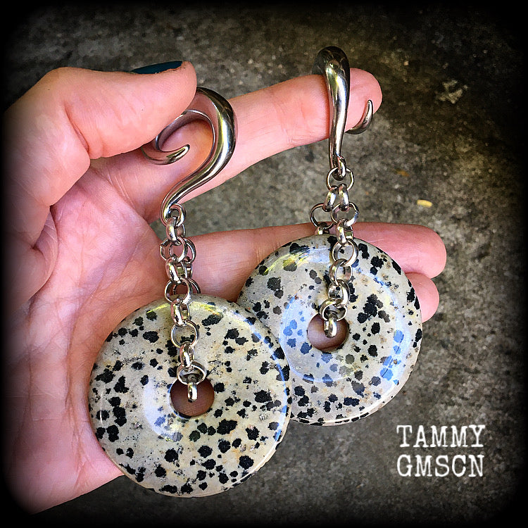 These Dalmatian Jasper gauged earrings have been made with chunky antique silver chain, measuring just under 10cms from tip to tip, and weighing 42 grams each

This pair has been made with 0 gauge (8mm) surgical steel full curls, for stretched lobes.