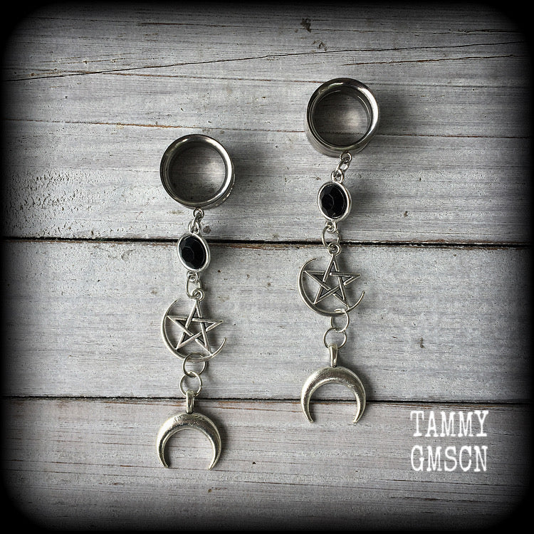 Crescent moon and pentagram tunnel dangles