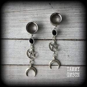 Crescent moon and pentagram tunnel dangles