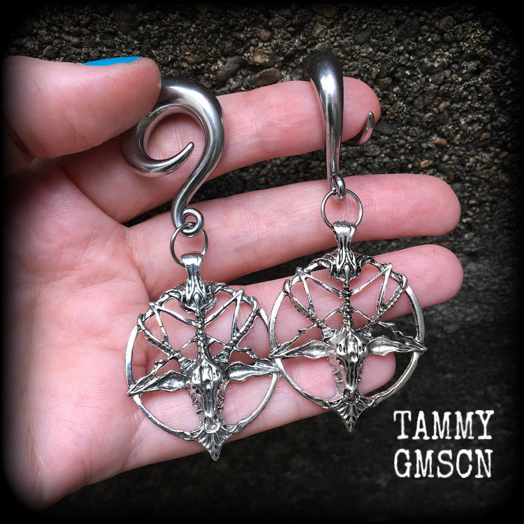 Antique silver Baphomet gauged earrings-Occult ear hangers