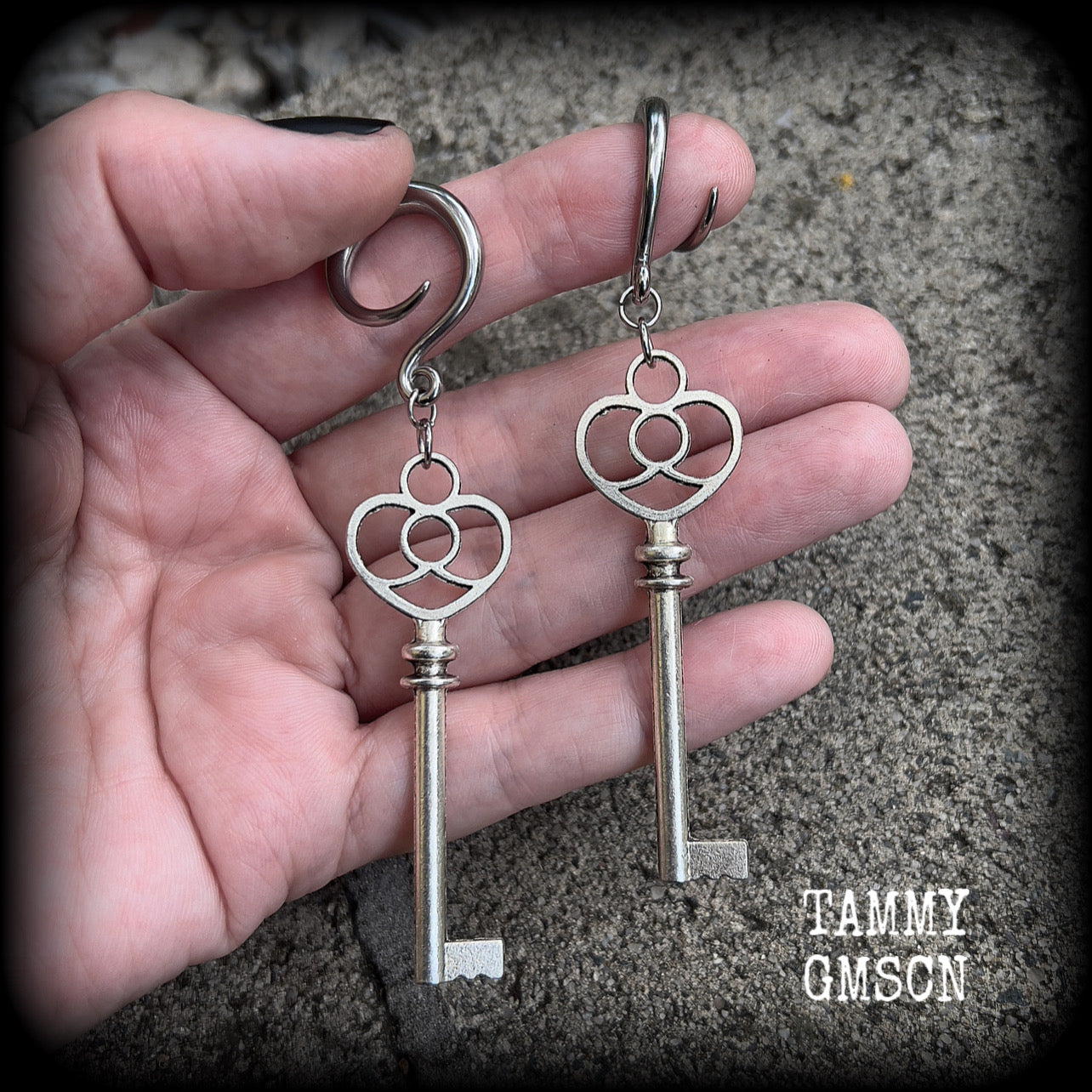 Antique silver key gauged earrings