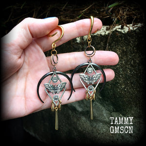 Moth and crescent moon gauged earrings