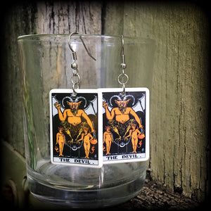 These earrings feature a lightweight Rider Waite ‘The Devil’ tarot card charm, measuring just over 6cms from tip to tip and weighing only a few grams each.

This pair has been made with stainless steel french hooks, for pierced ears.