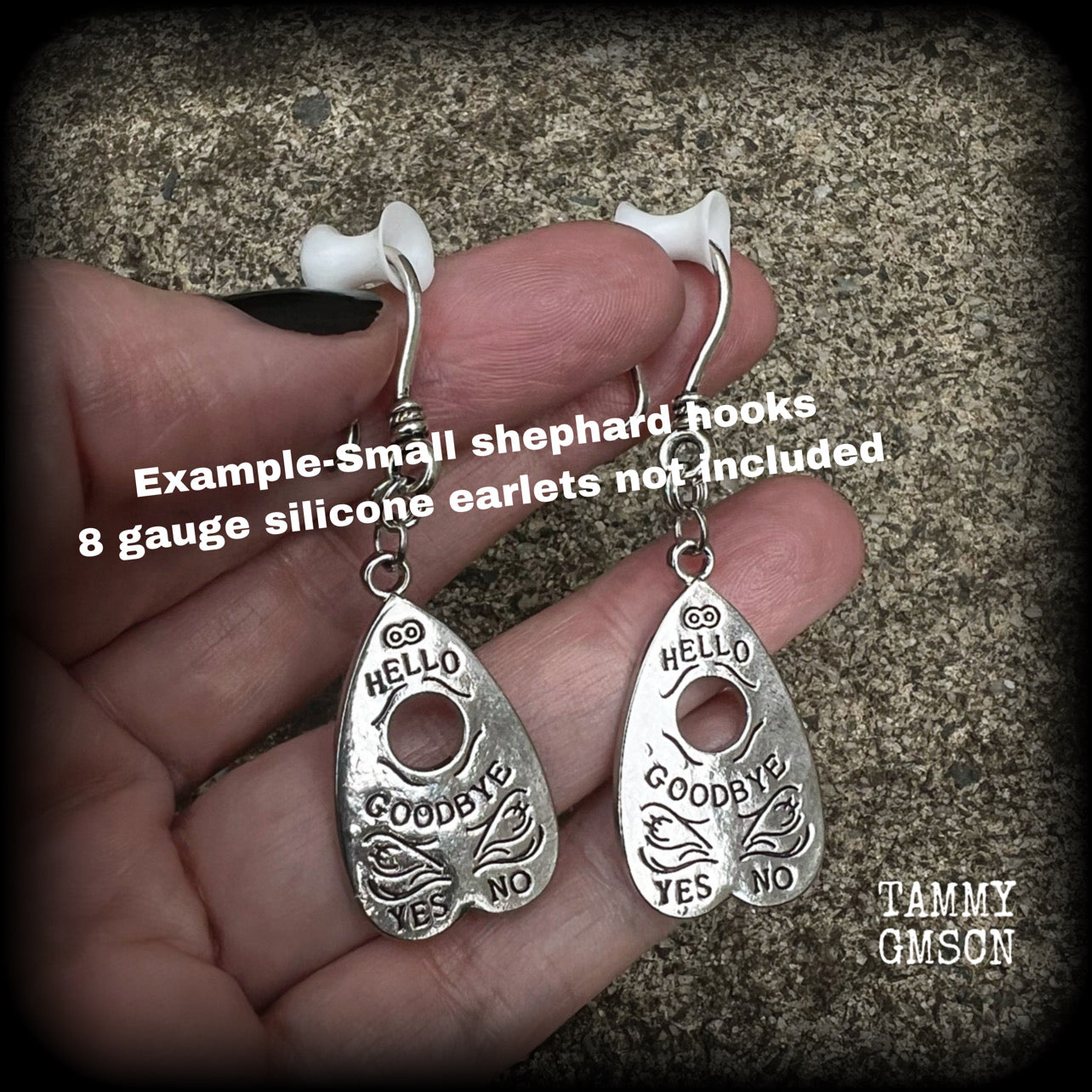 Ouija boards Ouija board Ouija board jewelry Ouija board planchette Planchette earrings Planchette ear hangers Stretched ears Pierced ears Ear gauges Ear hangers Witchy jewelry Coven jewelry 