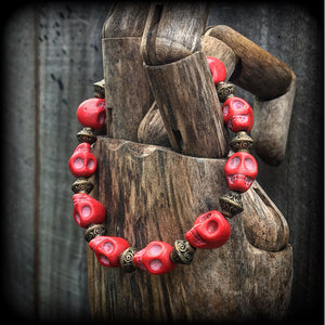 Kali Maa red skull bracelet-Stone and bronze bracelet