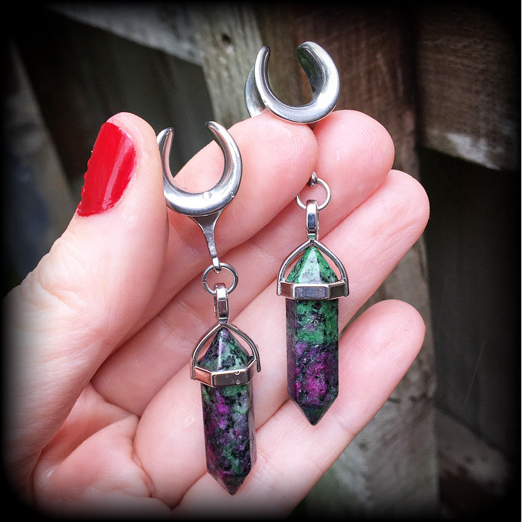 This is a pair of Ruby in fuchsite gauged earrings, made with long gemstones on cradle style hooks for stretched lobes. choose from several options of hooks and clasps for pierced ears and stretched lobes up to 30mm.