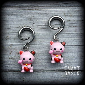 Pink Maneki Neko gauged earrings