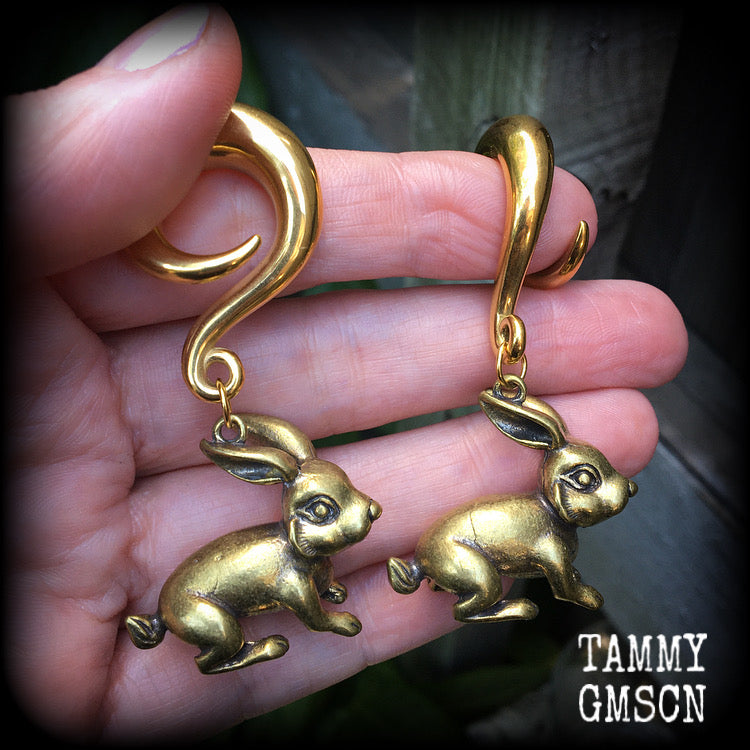 Rabbit gauged earrings-Brass ear weights