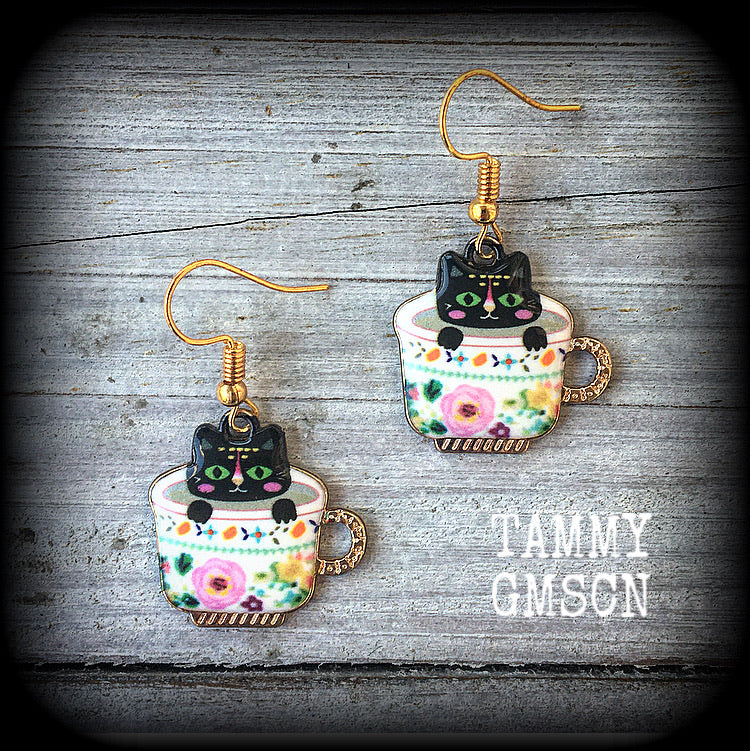 Cat earrings-Teacup folk art earrings